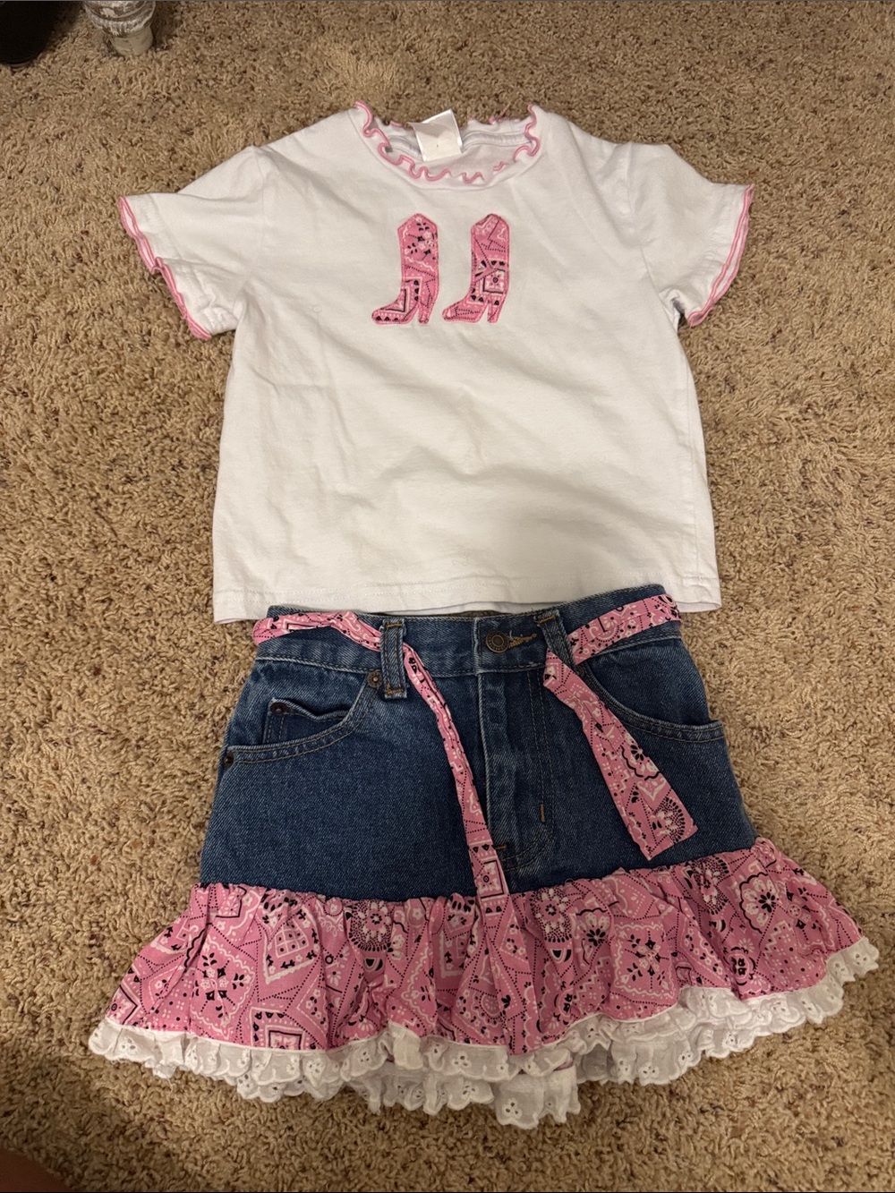 White Tee with Pink Cowboy Boot Applique & Denim Skirt with Pink Bandana Ruffle